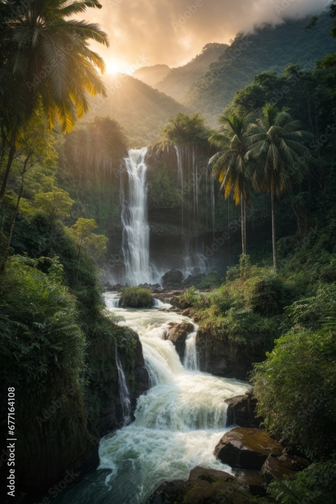 Poster a beautiful waterfall in the wild in a forest with tall palm trees and trees at sunset or dawn
