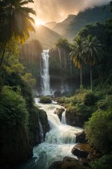 A beautiful waterfall in the wild in a forest with tall palm trees and trees at sunset or dawn