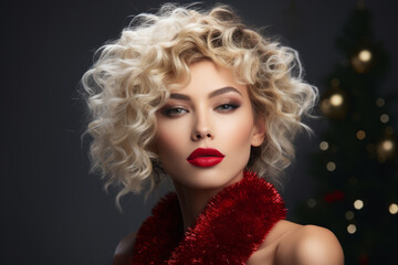 Blond woman with curly hair, blue eyes and red lips wearing scarf made of red Christmas tinsel