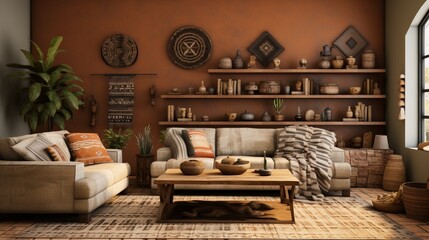 A Southwestern-inspired living room with earthy tones, tribal patterns, and handcrafted pottery.