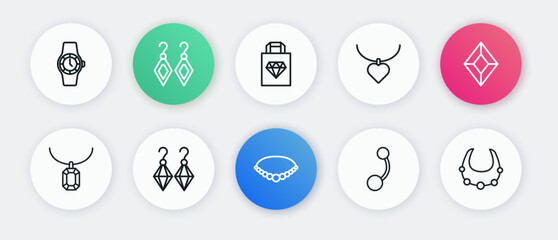 Set line Pearl necklace, Gem stone, Pendant, Piercing, Necklace with heart shaped, Shopping bag jewelry, and Earrings icon. Vector