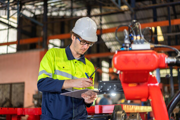 Professional labor machanic engineer technician man industrial work control with robot machine, manufacturing, factory, production line, Indusry 4.0, robot, industrial facility.business planning