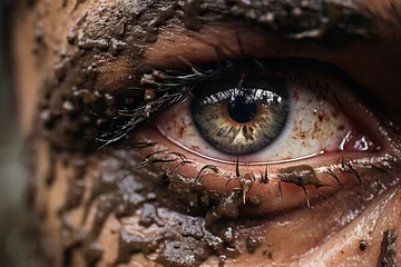 Tuinposter close-up eyes of soldiers on the battlefield. close-up eyes dirty with mud © danin