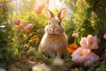 Fototapeta na wymiar a rabbit sitting in a garden with plants