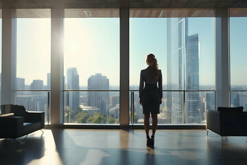 Fototapeta premium Woman looking out the window in the office