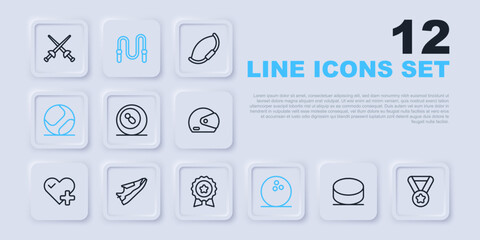 Set line Hockey puck, Medal, Billiard pool snooker ball, Bowling, Baseball, Fitness sneakers shoes, Jump rope and with star icon. Vector