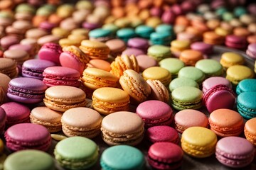Fototapeta na wymiar Many colorful french macaroons or macaron. Food, dessert for tea, coffee, confectionery, sweet pastries concepts