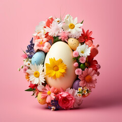 Easter creative composition with Easter eggs and flowers 