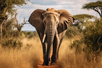 Fototapeta na wymiar an elephant walking through a field