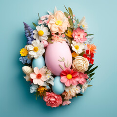 Easter creative composition with Easter eggs and flowers  - obrazy, fototapety, plakaty
