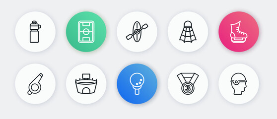 Set line Golf ball on tee, Skates, Whistle, Medal, Badminton shuttlecock, Kayak and paddle, Baseball helmet and Stadium icon. Vector