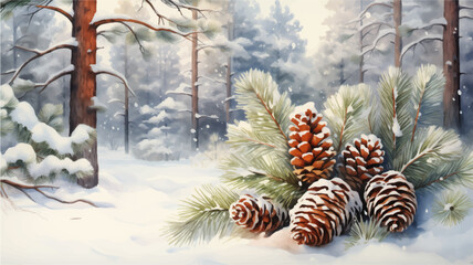 Winter landscape with fir trees and pine cones in the snow. Christmas background. Generated AI. - 677166114