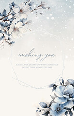 Elegant winter floral background with blue flowers and snowflakes. Perfect for invitations, greeting cards, blogs, posters.