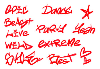 Collection of graffiti street art tags with words and symbols in red color on white background