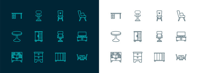 Set line Armchair, Furniture nightstand, Office, Wardrobe, Chair, desk and icon. Vector