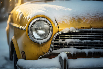 Old yellow car in snow and ice. The problem of car icing and snow freezing in winter.