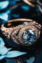 Fototapeta premium Luxury jewelry. Platinum gold ring with the large blue sapphire is surrounded by many diamonds. Beautiful elegant wedding topaz or aquamarine ring for women