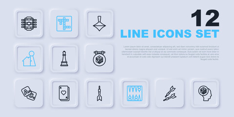 Set line Dart arrow, Game dice, Chess, Backgammon board, Chip for game, Playing cards, Crossword and icon. Vector