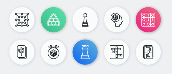 Set line Chess, Bingo card, Mahjong pieces, Crossword, Game dice, Air hockey table and icon. Vector