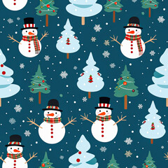 Winter seamless pattern background with snowman and christmas trees