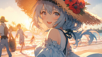 Obraz na płótnie Canvas anime girl on a beach on a summer day created with Generative AI technology
