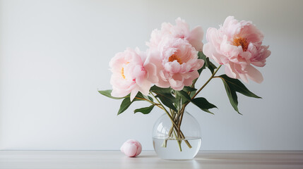 Bouquet of pink peonies in a beautiful vase on table. Springtime blossom, peony bunch. Beautiful spring fresh flowers. Bright room flooded with sun. Floral romantic. Women’s holiday. Generated AI - obrazy, fototapety, plakaty