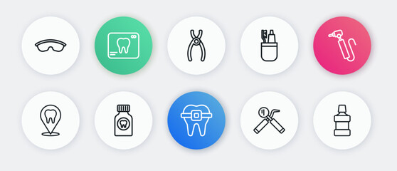 Set line Teeth with braces, Tooth drill, Dental clinic location, mirror and probe, Toothbrush toothpaste, pliers, Mouthwash and Toothache painkiller tablet icon. Vector