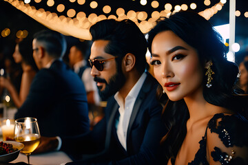 A handsome gentleman and a beautiful woman having a good time drinking wine at a party. AI generative