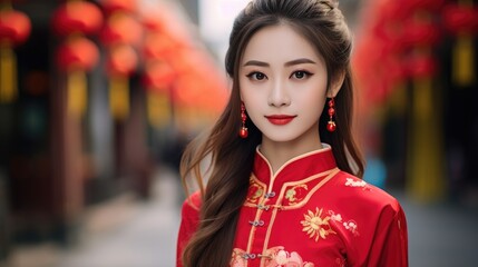 Portrait of smiling vogue Asian girl with Chinese traditional clothing, Chinese New Year Plaza shopping district background
