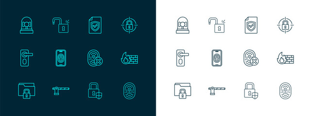 Set line Lock, Parking car barrier, Cancelled fingerprint, Shield security with lock, Mobile scanner, Contract shield, Ringing alarm bell and Open padlock icon. Vector