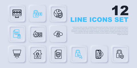 Set line Mobile with closed padlock, Shield security, Firewall, wall, Lock, Document and, House under protection, Cyber and Contract shield icon. Vector