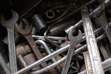 Fototapeta premium old and rusty wrenches are in toolbox.