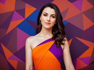 Brunette woman posing on a colorful triangles background