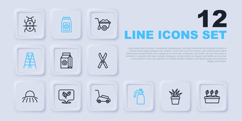 Set line Plant in pot, Pack full of seeds, Garden sprayer for water, Wooden staircase, Leaf, and Lawn mower icon. Vector