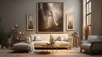 A  living room has 10 pictures on the wall, in the style of nostalgic illustration, romanticized nature, Helene Knoop, beige, matte photo, high detailed, matte drawing