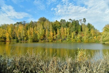 La beauté bucolique des feuillage vert-dorés des arbres se reflétant dans les eaux de l'étang au domaine du château de la Hulpe 
