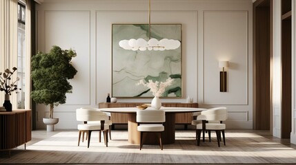 A modern dining room with a green rug and artful furniture, in the style of minimalistic symmetry, grandiose interiors, Robert Irwin, layered textures and patterns, emotive lighting, prudence heard,  - obrazy, fototapety, plakaty