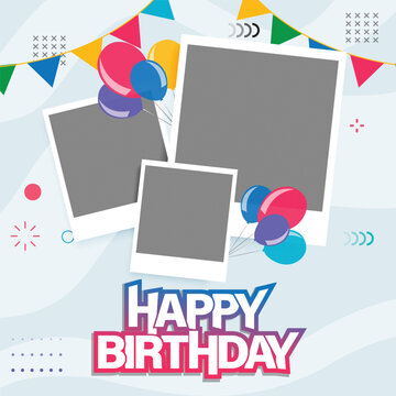 happy birthday card with balloon and photo frame design template