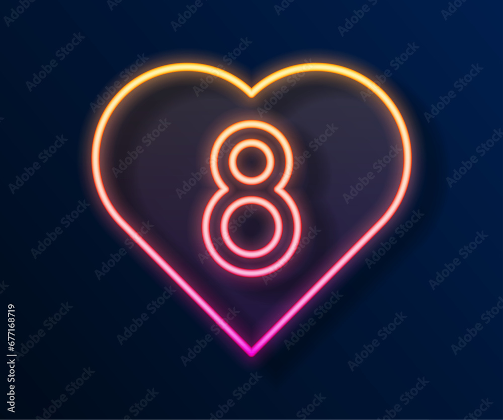 Poster Glowing neon line Heart with 8 March icon isolated on black background. Romantic symbol linked, join, passion and wedding. Happy Women Day. Vector