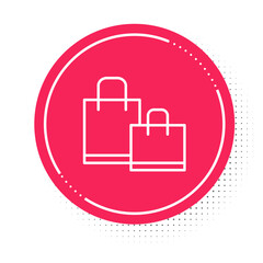 White line Paper shopping bag icon isolated on white background. Package sign. Red circle button. Vector