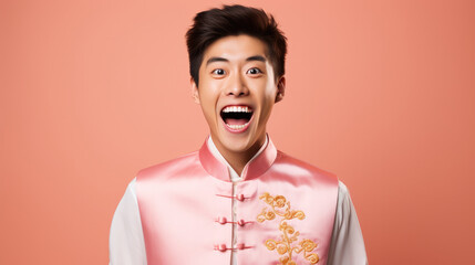 Fototapeta premium Portrait of smiling vogue Asian man with Chinese traditional clothing, solid color background