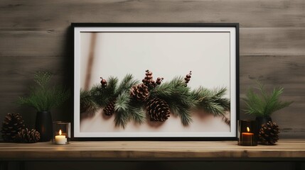 Blank Samsung TV Frame mockup, editorial style photo, side angle view shot, Farmhouse, cozy farmhouse living room, Christmas decoration, rustic color palette, evening, warm and inviting