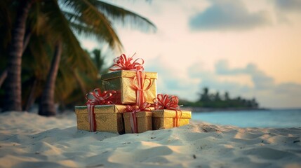 Christmas presents on a tropical beach