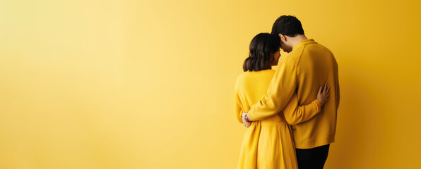 back view of asian man and woman hugging on yellow background, panoramic shot. Concept National Hugging Day. Banner - obrazy, fototapety, plakaty