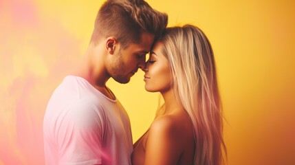 young couple in love hugging and kissing on yellow background with pink smoke. Concept National Hugging Day