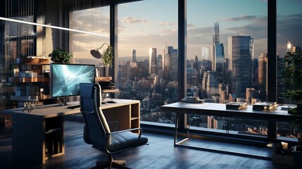 Desk with computer in office modern style and panoramic windows of Senior executives