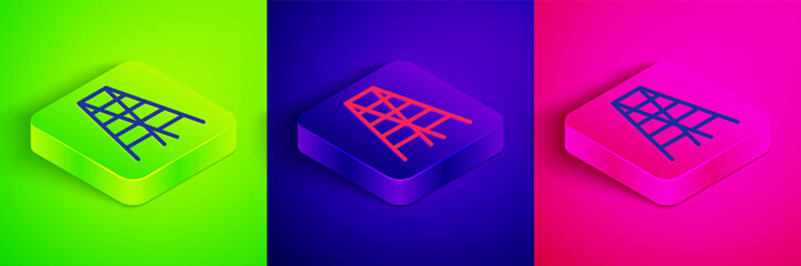 Isometric line Wooden staircase icon isolated on green, blue and pink background. Square button. Vector