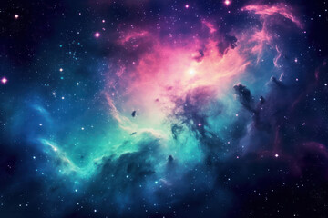 Fototapeta premium A vibrant tapestry of the cosmos unfolds in hues of blue, pink, and purple, showcasing the dynamic beauty of nebulae, stars, and interstellar clouds in a celestial spectacle.
