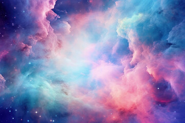 A vibrant tapestry of the cosmos unfolds in hues of blue, pink, and purple, showcasing the dynamic beauty of nebulae, stars, and interstellar clouds in a celestial spectacle. - obrazy, fototapety, plakaty