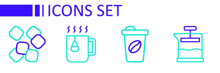Set line French press, Coffee cup to go, Cup tea with bag and Sugar cubes icon. Vector